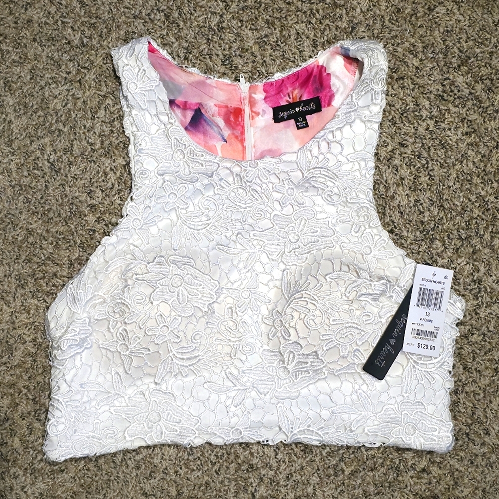 Sequin Hearts Womens Ivory Lace Sleeveless Crop Top Blouse Juniors NWT Size 13